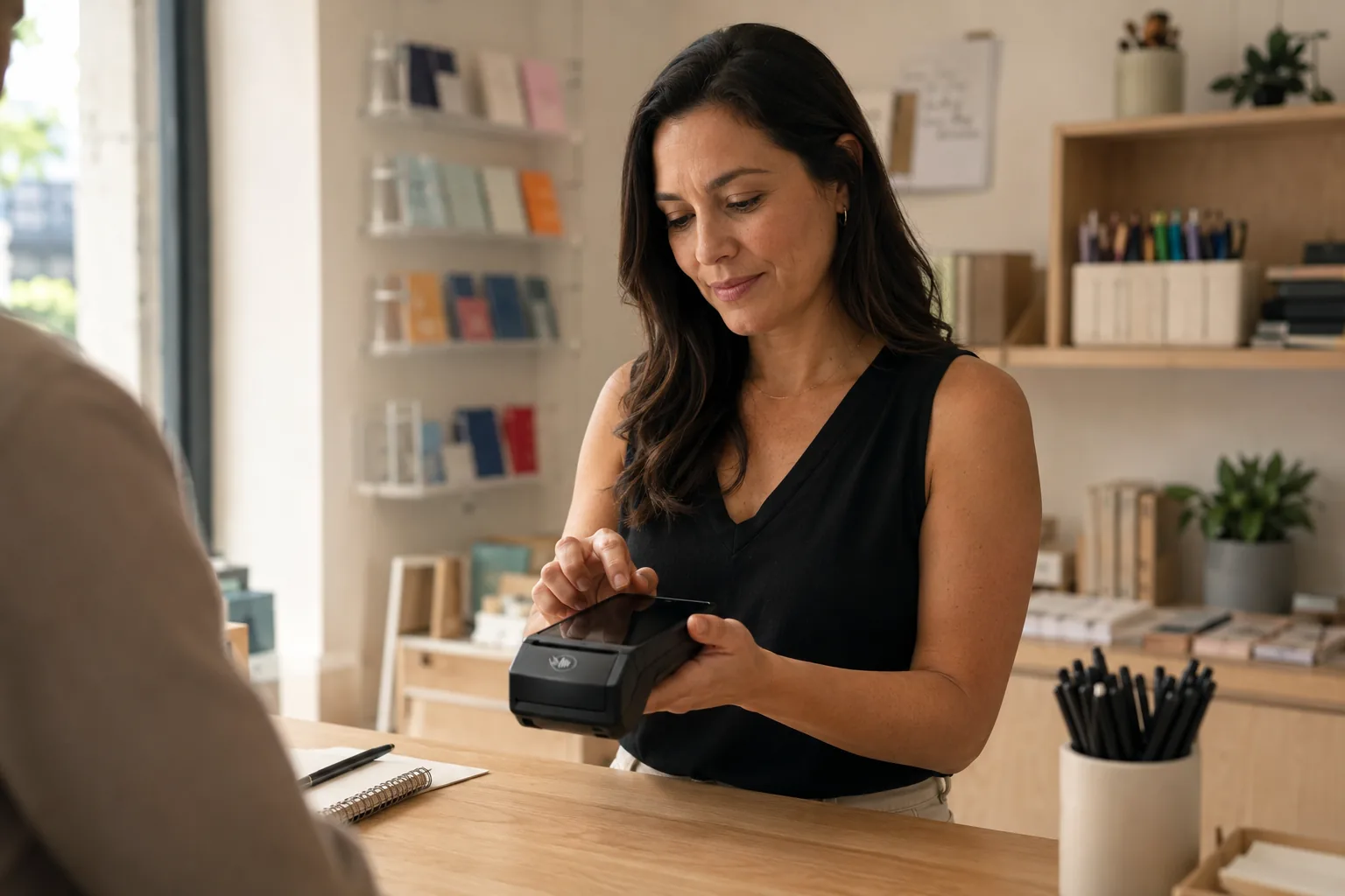 Comerciante usando terminal Kuenta